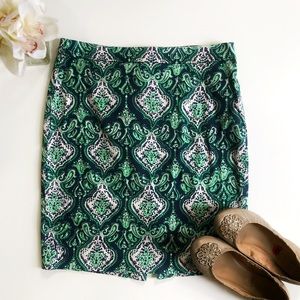 J Crew Green Paisley Print “the pencil skirt”